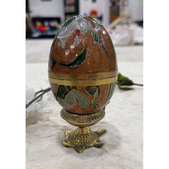 Vintage Vintage Enameled Cloisonne Egg Trinket Box With Floral Design - Picture 1 of 12